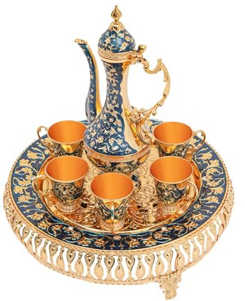 Juego de cafetera turca, juego de té y samovar ruso de metal con 6 tazas de café de lujo y bandeja hecha a mano, para decoración de mesa (dorado)