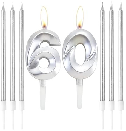 Silver Candles for 60th Birthday Candle, Number 60 Candles with 6 Long Candles, Birthday Party Cake Decoration for Birthday, Party, Wedding Anniversary