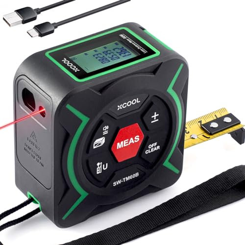 xCool Metro a nastro 2 in 1 con laser, metro a nastro laser da 60 m e metro a nastro autobloccante da 3 m con gancio magnetico mobile, misura pitagorica, area, volume con unità commutabili M/Ft/in