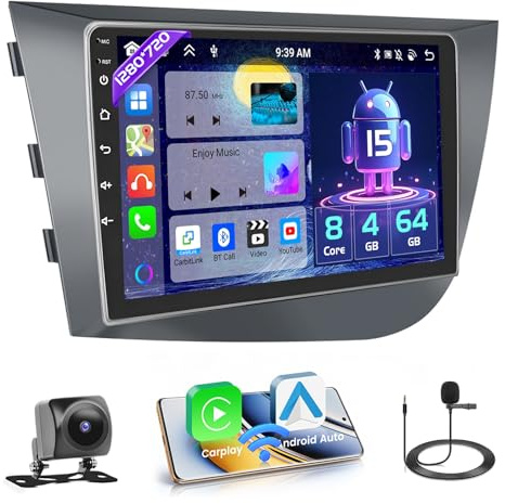 8 Core 4+64G Autoradio para Seat Leon 2005-2012 con CarPlay Android Auto | 9 pulgadas IPS Radio Android 15 con Mirror Link y Bluetooth FM/RDS 32EQ GPS WiFi SWC USB Cámara de marcha atrás AHD