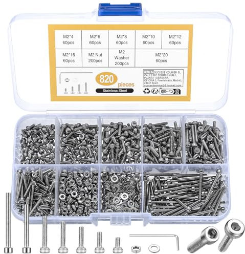 Set da 820 viti esagonali M2, viti a testa cilindrica in acciaio inox 304 con dado e rondelle assortite, incluso chiavi a brugola
