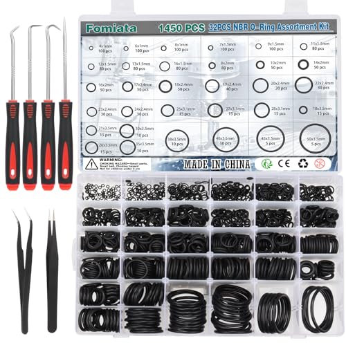 Fomiata 1450-teiliges O-Ring-Set, 32 Größen, Gummi-Dichtungsscheiben Mit 4 Haken Und 2 Pinzetten, NBR-Dichtungen Für Sanitär, Syphon, Sodastream Und Zisterne (1450)