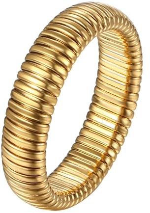 JewelryWe Elastische Ringe für Damen, 6mm Breit Edelstahl Damen-Ring Einfach Gestreift Chunky Ring Frauen Klobig Dick Stapelbare Dehnbare Ringe Band Gold/Silber