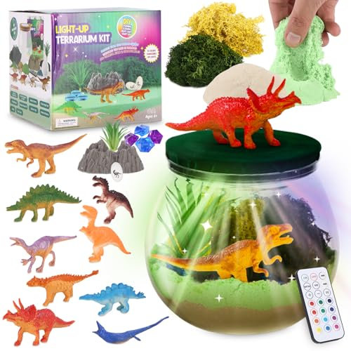 LEAZZLE Dinosaurier Spielzeug Terrarium Set - DIY Dino Spielzeug mit Nachtlicht für Kinder ab 3 Jahren - Bastelset & Geburtstagsgeschenk für Jungen ab 4 Jahren - Weihnachten Geschenke für Kinder