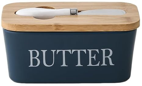 Große Butterdose mit Deckel und Messer, 650 ml Keramik-Butterbehälter mit doppelter Silikondichtung, Butterbehälter für Arbeitsplatte, perfekt für Butter, Nüsse, Käse (Blau)