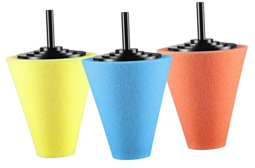 SEWOART 3 Stück Kegelförmige Polierschwämme Für Auto Polierpads Zum Wachsen Polieren Und Versiegeln Von Oberflächen Für Schwer Zugängliche Stellen Orange Gelb Blau Professionelles