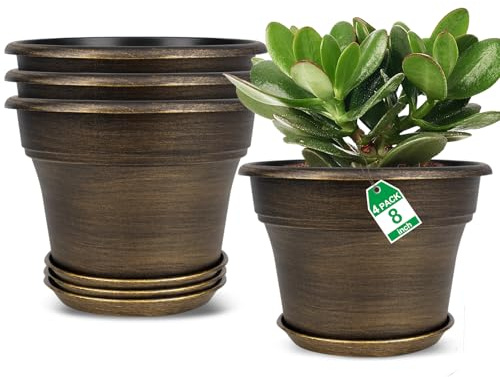 Plant Planters Pots Set of 4 Pack 8 Inch, Plastic Flower Pot For Indoor Plants With Drainage Holes & Trays, Resin Decorative Container Sets With Saucer For House Outdoor Garden Planters Dark Gold