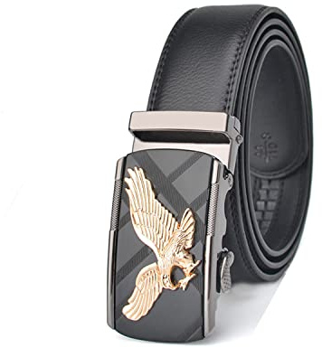 Herren Gürtel Leder mit Automatik Ratschengürtel Adler für Männer Business Anzug -Einstellbar-Breit 35MM (Golden, Schwarz, 120 CM)