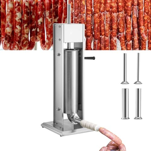 Manuelle Wurstfüllmaschine aus Edelstahl mit zwei Geschwindigkeiten und 4 Füllrohren – robuste Fleischfüllmaschine for den gewerblichen und privaten Gebrauch(5L)