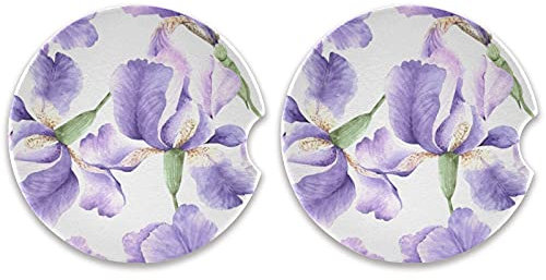 Posavasos de cerámica absorbente con base de corcho para portavasos de coche, 2 unidades, diseño de flores de iris lila