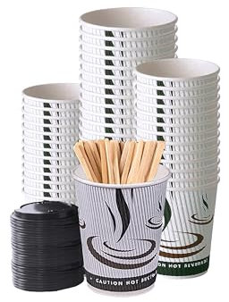 50 Pack Disposable Ripple Insulated Coffee Cups with Sip Through Lids and Free Stirrers Set, Paper Cups for Hot and Cold Drinks (8oz, 12oz & 16oz) (16oz)