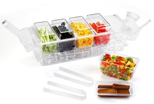 Ice Chilled Condiment Caddy Organizer with Detachable Ice Box & Side Bins, 5 Removable 2.5 Cup Containers with Lids, Clear Garnish Tray Server for Taco Bar, Mimosa, Fruit, Salad, Buffet (BPA-Free)