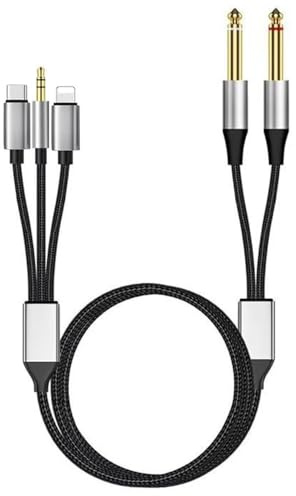 Berfea Câble audio jack 3,5 mm vers jack 6,35 mm, 3 en 1 USB C vers double 6,35 mm TS stéréo AUX répartiteur Y pour iPhone, lecteur CD, amplificateur, haut-parleur, mixeur, microphone