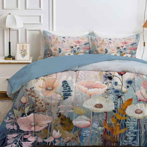 Bettdecke 135x200 4 Jahreszeiten, Wende Rosa Blumen Steppdecke Waschbare, Bettdecke ohne Bezug Nutzbar, Leicht Weiche Schlafdecke 200GSM, Ganzjahresdecke Hellblau mit 1 Kissenbezug (ohne Kissen), C09
