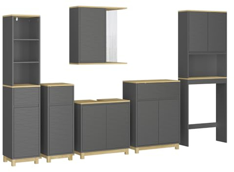 Vicco Badmöbel-Set Livia, Anthrazit/Eiche, 60 cm | besteht aus Spiegelschrank, Waschbeckenunterschrank, 2x Midischrank, Hochschrank und Toilettenschrank