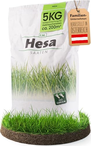 Hesa Gebrauchsrasen 5 kg für 200 m² - RSM 2.3 Rasensamen Sport & Spielrasen | Profiqualität aus Österreich - Premium Rasensamen, schnellkeimend, robust, trittfest, für Neuansaat & Nachsaat geeignet