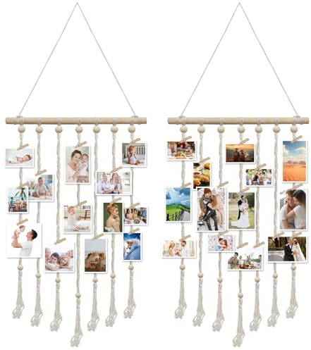 IETWATE 2 pezzi foto da parete con graffette, decorazione da parete con mollette e guinzaglio, bohemien porta foto, parete fai da te con 30 clip in legno e 2 chiodi senza tracce per decorazione della