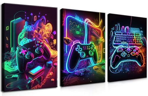 MUWAK Gamer Room Decor Picture Canvas Wall Art for Teen Boys Room - Cool Colorful Accessories Gaming Theme Wall Decor Set of 3 - Game Paintings Print for Youth Boys Bedroom 12x16 inch