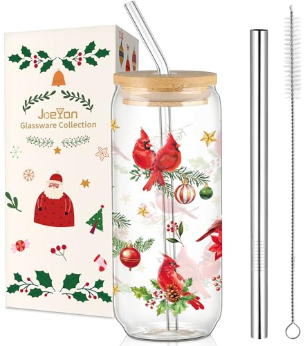 Joeyan Christmas Glass Cups with Lids and Straws, Red Cardinals Birds Tumbler Boba Iced Coffee Cup, Cute Bubble Tea Can Drinking Glasses, Aesthetic Decor Xmas Gift for Women Mom Friend, 600ML