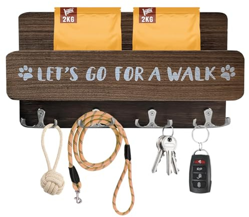 Radianeroryi Hundegarderobe Holz mit Ablage, 4 Haken, Braun | Hundegarderobe aus Holz mit 4 Haken und Ablage; für Leinen, Halsbänder, Schlüssel und Post, 29,4 × 17 cm.