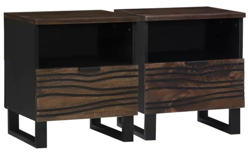 Tonture Juego de 2 mesitas de noche, color nogal, 40 x 33 x 46 cm, de madera maciza de mango, con cajón y estantería, para dormitorio, espacio de almacenamiento
