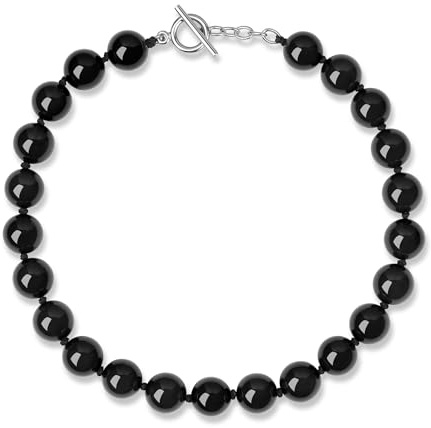 GAVU Collana da Donna con Perline di Onice Nero Annodate a Mano, Girocollo Nero da Donna in Onice con Chiusura OT 42cm