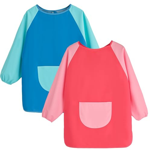 Camptrip 2 Stück Malschürze Kinder Malerkittel für 3-6 9-12 Jahre Jungen Mädchen, Bastelschürze mit Tasche, Wasserdicht & Atmungsaktiv für Schule, Kunst, Malerei, Basteln (Blau,Rosa, 3-6 Jahre)