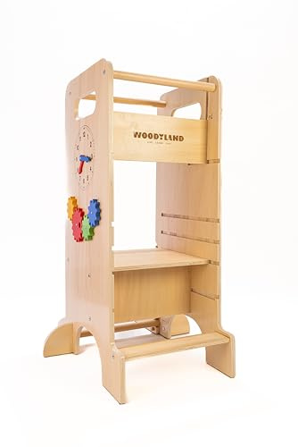Woodyland Torre montessoriana learn, 6 Attività ludico-didattiche e cognitivo-sensoriali per stimolare l'apprendimento e lo sviluppo sensoriale, Regolabile in altezza, 40 x 39,5 x 90 cm