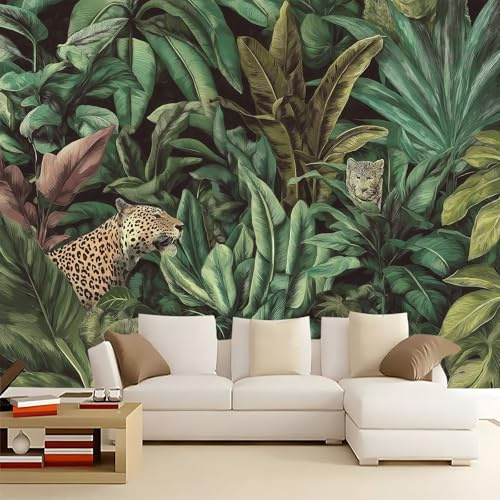 Carta da Parati Fotomurale XXL 250 x 175 cm, Nero Poster Murale 3D in Tessuto Non Tessuto per TV Corridoio e Soggiorno, Decorazione Interni di Grande Natura Terre Esotiche Piante Tropicali Leopardi