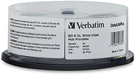 Verbatim BD-R DL 50GB 8X Blu-ray Recordable Media Disc DataLifePlus White Inkjet Hub Printable - 25pk Spindle - 97334