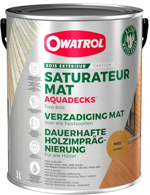 OWATROL – AQUADECKS – 5 L – Miel – Holzsättiger matt auf wässriger Basis, für den Schutz von tropischem Holz im Außenbereich Teak Ipe Bangkirai Akazie Massaranduba
