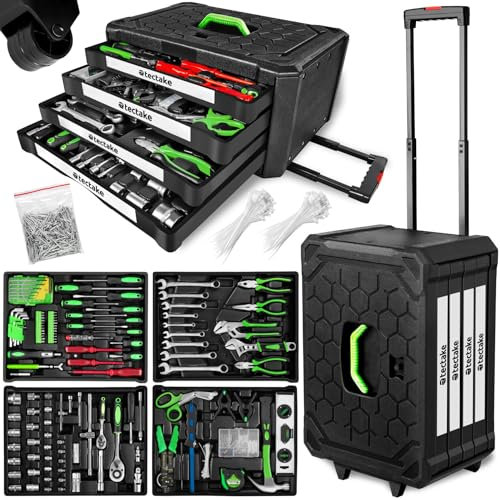 tectake® Trolley Porta Attrezzi 4 Scomparti, 899 Pezzi, Valigetta Completa con Utensili per Fai da Te, Cassetta degli Attrezzi con Ruote, Valigetta Attrezzi con Maniglia Telescopica - Nero