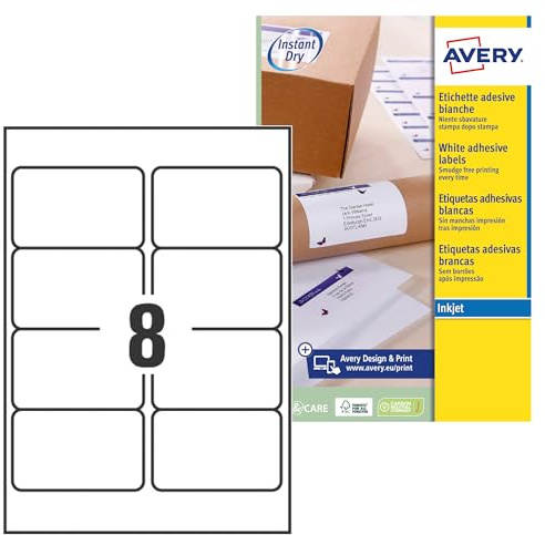 Avery Smudge Free, Printable, Multi Purpose Labels, QuickDRY, 99.1 x 67.7 mm, White, 8 Labels per sheet, 200 Blank labels per pack (J8165-25)