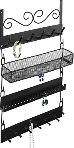 MyGift 4-Tier Wall Mounted Black Metal Hanging Jewelry Organizer with 18 Hooks, Earring Holder and Necklace, Bracelet Display Rack