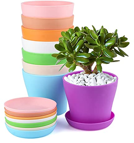 KINGLAKE 8 Pcs 4 Plastic Plant Flower Seedlings Nursery Pot/Pots Planter Colorful Flower Plant Container Seed Starting Pots with Pallet and Drainage Holes for Home Garden Flowers Plants,8 Colors