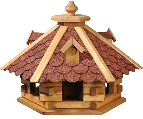 dobar® 98710e Vogelfutterhaus Bitumenschindeldach 6-eckig - Vogelhaus aus Massivholz - Vogelfutterstation mit Futtersilo - 6-eckige Vogelvilla - 51 x 45 x 37 cm - Rot