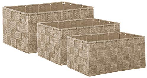 Brandsseller Lot de 3 Boîtes de Rangement – 22 x 15 x 11 cm, 21 x 13 x 9,5 cm, 19 x 11 x 8,5 cm – Paniers d’étagère carrés sans couvercle – aspect rotin tressé avec cadre en métal – Beige
