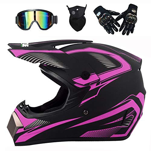 LEENP Professioneller Motocross-Helm, Herren Motorradhelm Cross-Helm Geschenk-Set mit Brille Maske Handschuhe, Motorrad Sports ATV MTB Quad Motorräder Off-Road DH Enduro-Helm Männer Damen,Pink,L
