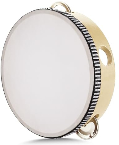 Flexzion Wooden Round Tambourine for Kids and Adults 6 Inch Single Row 8 Pair Jingles, Wood Handheld Percussion Instrument for Beginner and Professional Tambourine Player