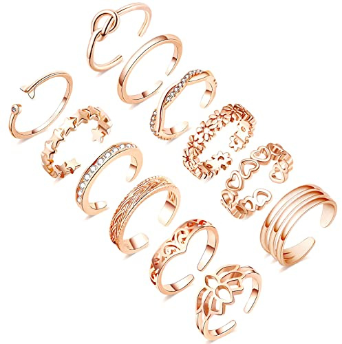 Honsny 12PCS 14K Gold/Silver Plated Toe Rings for Women Adjustable Band Rings Open Flower CZ Toe Ring Set Beach Foot Jewelry