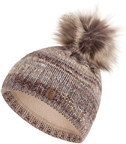Faera Wintermütze Mütze Damen warm gefüttert mit Kunstfell Mehrfarbig Bommelmütze Fleecefutter Winter Strickmütze Beanie 59