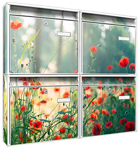 banjado Briefkastenanlage 4 Fach - Postkästen groß - verzinkter Stahl weiß DIN A4 Motiv Waldmohn - Briefkasten Set 4 Briefkästen Namensschild, 2 Schlüssel, Montagematerial