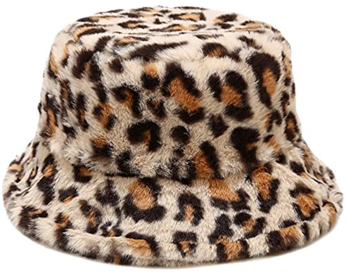 Malaxlx Damen Leopard Beige Plüsch Fischerhut Wintermütze Flauschige Bucket Hat Warme Anglerhut