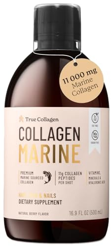 True Collagen Marine | Suplemento Líquido de Colágeno Hidrolizado de 11 000 mg - 500 ml, Suministro para 20 días | Ácido hialurónico, biotina y vitamina C para un cabello, piel y uñas