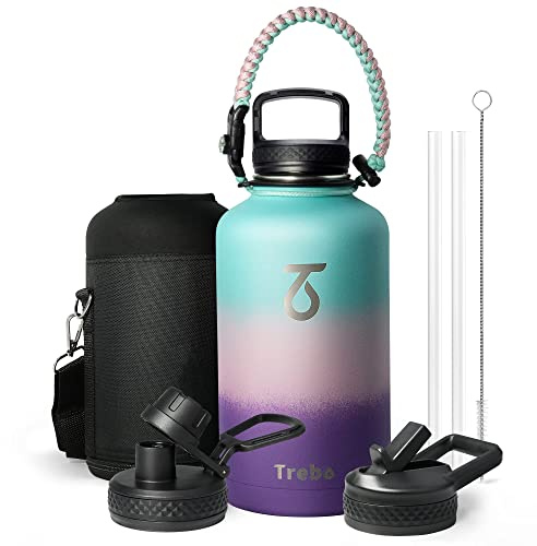 Trebo Insulated Water Bottle 2 L Stainless Steel with Paracord Handle & Bag | Large Metal Half Gallon Jug with 3 Lids, Strap, Triple Wall Vacuum, Cold 48 Hrs, Dishwash safe, Wide Mouth, for Sports, Gym