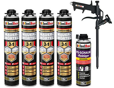 Isolbau Mauermörtel Set: 4x 750 ml PU-Mörtel 1x 500 ml Pistolenreiniger 1x Teflon Schaumpistole, PU-Reiniger, Montageschaum, Pistolenschaum