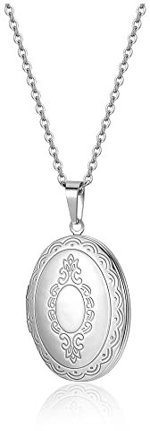 PiercingJak Vintage Bilder Medaillon zum Öffnen Foto Halskette Oval Amulett Anhänger mit Blume Muster Silber Edelstahl Kette Charms Schmuck Geschenk für Damen Herren