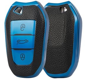 ontto Schlüsselhülle Autoschlüssel Hülle Passt für Peugeot 308 408 508 2008 3008 4008 5008 Citroen C4L C6 C3-XR Picasso DS3 DS4 TPU Silikon Schlüsseletui Schutzhülle Schlüsselanhänger-Leder Blau
