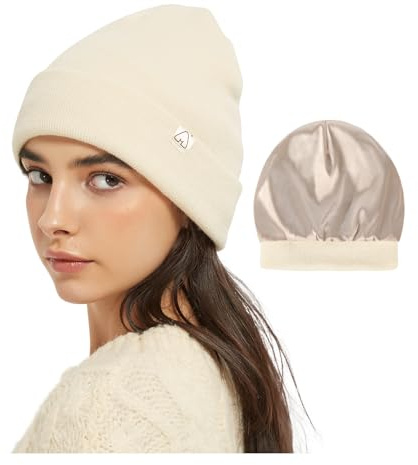 Hat Hut Unisex Slouch Beanie Satin Gefütterte Wintermütze Strickmütze für Haar, Warme Satin Lined Beanie Mütze für Damen Herren (DE/NL/SE/PL, Alphanumerisch, Einheitsgröße, A1-Beige)