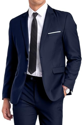Mens Suit Slim Fit Set 2 Piece Solid Formal Wedding Business Suit for Prom Dinner Tuxedo Blazer Jacket Pants Navy Blue L